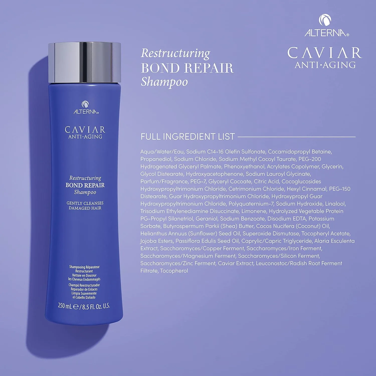 Шампунь Alterna CAVIAR Anti-Aging Restructuring Bond Repair | Для ломких, поврежденных волос и волос с секущимися кончиками | Восстанавливает, укрепляет и защищает поврежденные волосы | Без сульфатов — фото 4