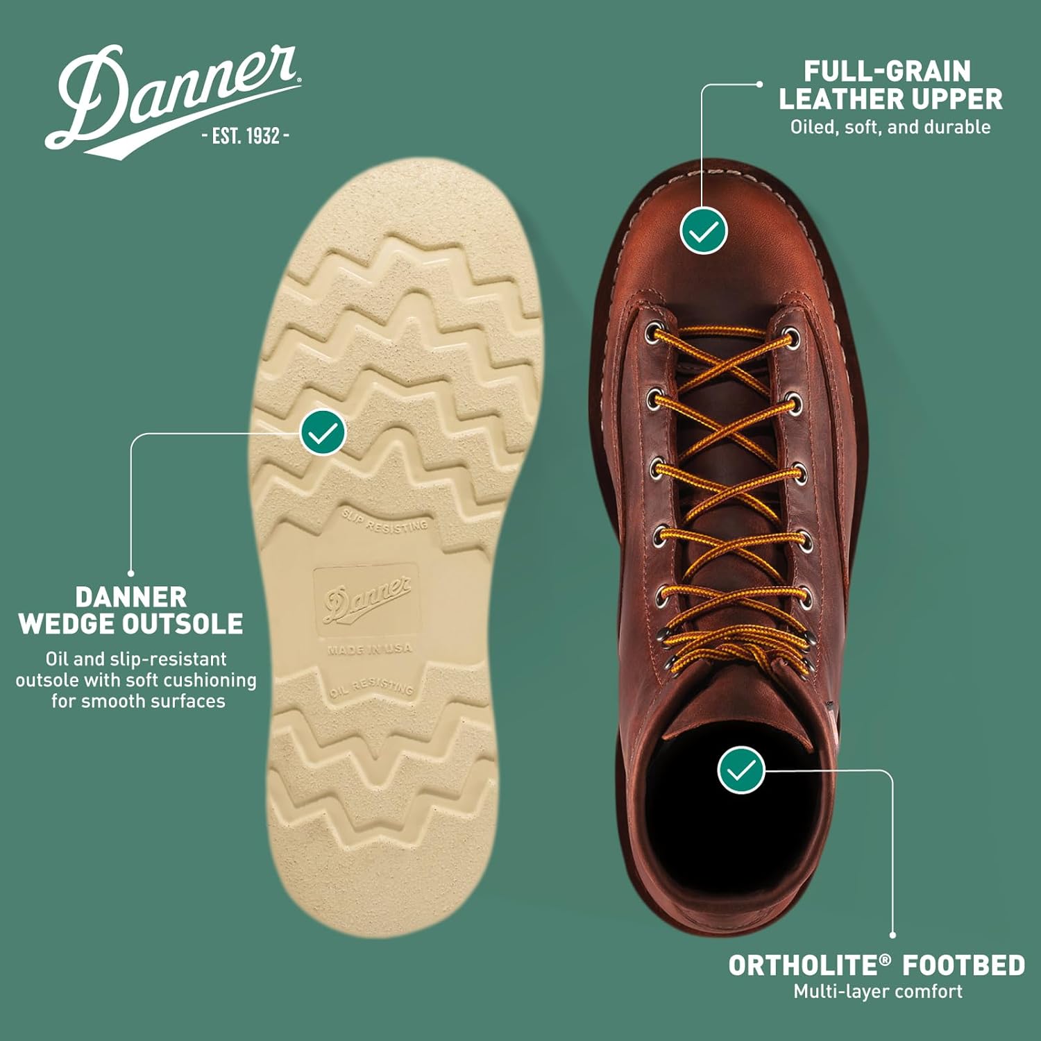 Мужские рабочие ботинки Danner Bull Run 6” - прочная, легкая кожа полного зерна с подошвой на клиновидном протекторе против скольжения и стелькой с трехуровневой амортизацией, устойчивы к электрическим ударам, коричневый — фото 4
