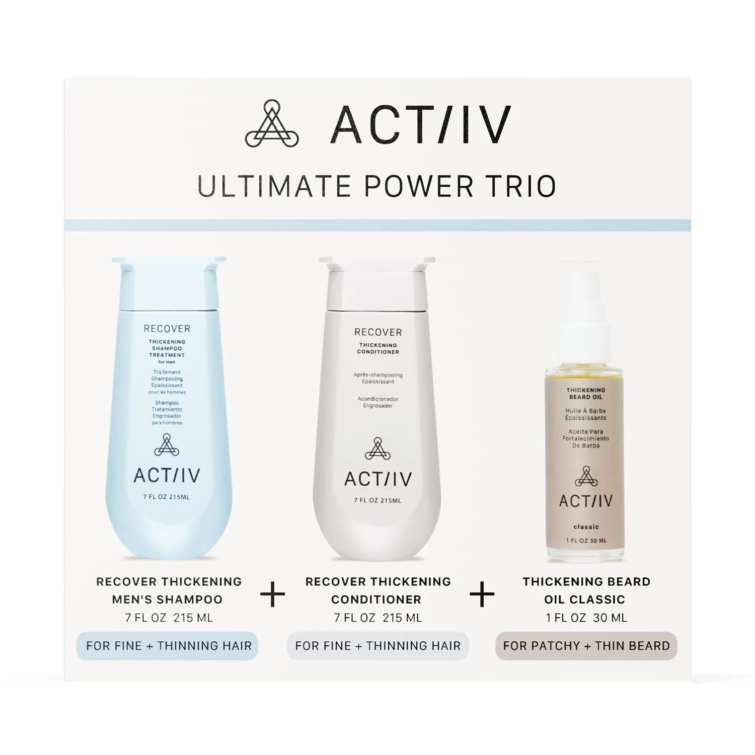 ACTIIV Ultimate Power Trio для мужчин: способствует густоте волос и бороды, укрепляет и увлажняет, набор включает шампунь, кондиционер и масло для бороды, Vegan, Color-Safe, для всех типов волос и бороды