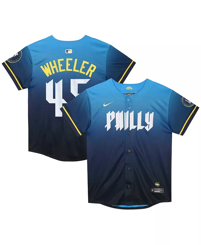 

Детская бейсбольная майка Philadelphia Phillies 2024 City Connect Limited с именем Zack Wheeler, голубая Nike