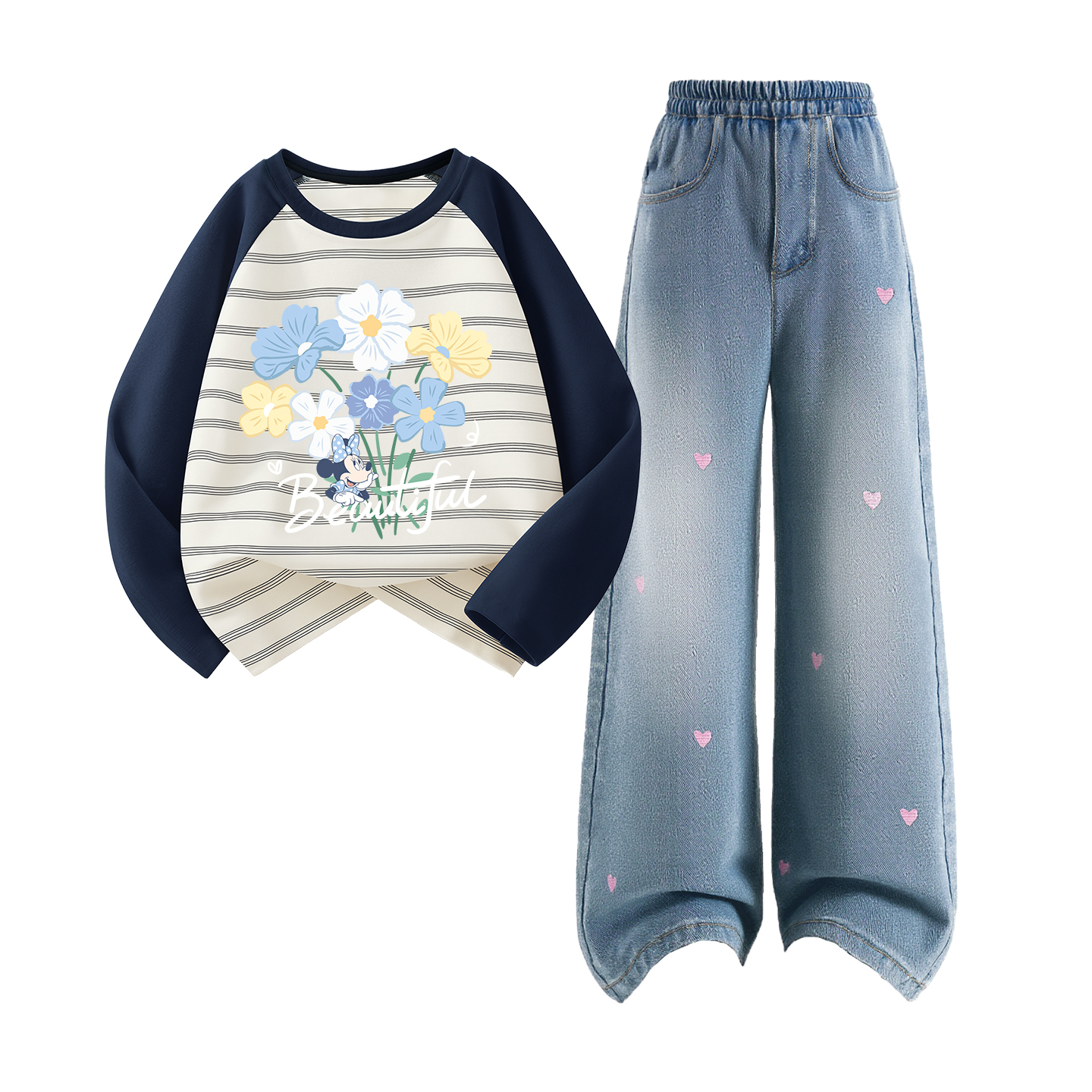 

Детская повседневная спортивная одежда Disney, Di Flower Bunch Blue White+Solid Color Sea Salt Blue