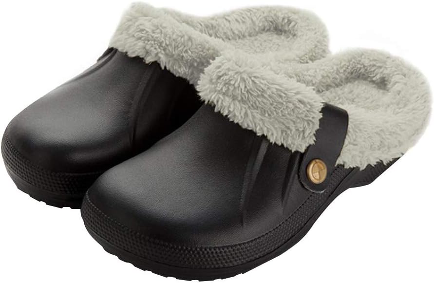 

Зимние утепленные сабо с мехом для дома, садовые тапочки для мужчин, теплые, водонепроницаемые, нескользящие, размер США Zapzeal, черный