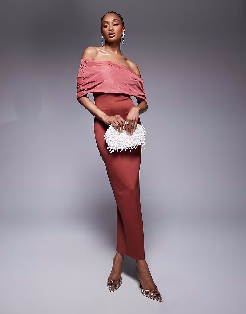 

ASOS DESIGN Платье миди с высоким вырезом и отделкой из тафты красного цвета ASOS Tall