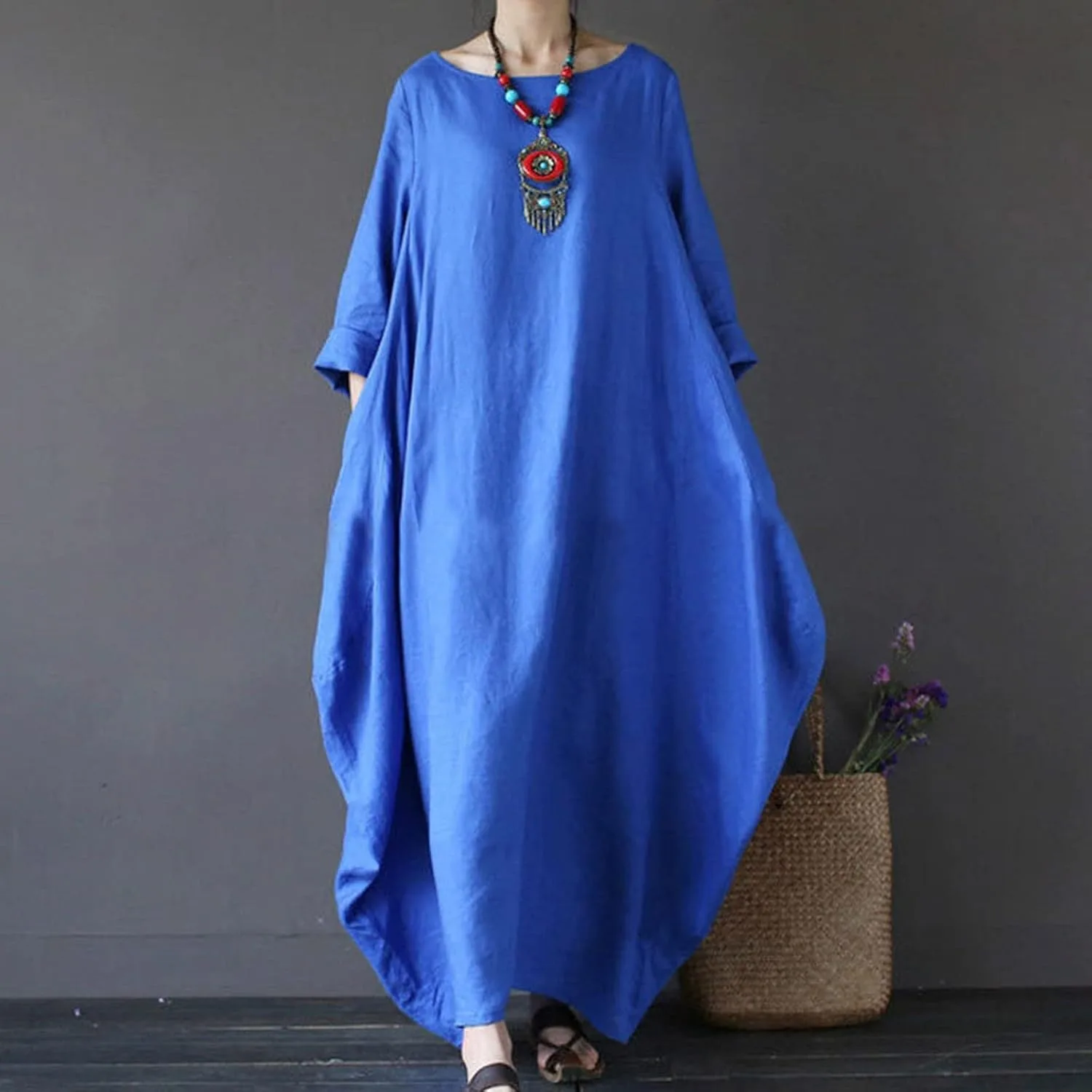 Льняное платье для женщин Oversized летнее с круглым вырезом и длинными рукавами Maxi Boho свободного кроя Plus Size струящееся пляжное сарафан Generic, синий — фото 2