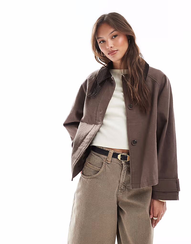 

Куртка-амбар ASOS DESIGN с контрастным воротником цвета мокко