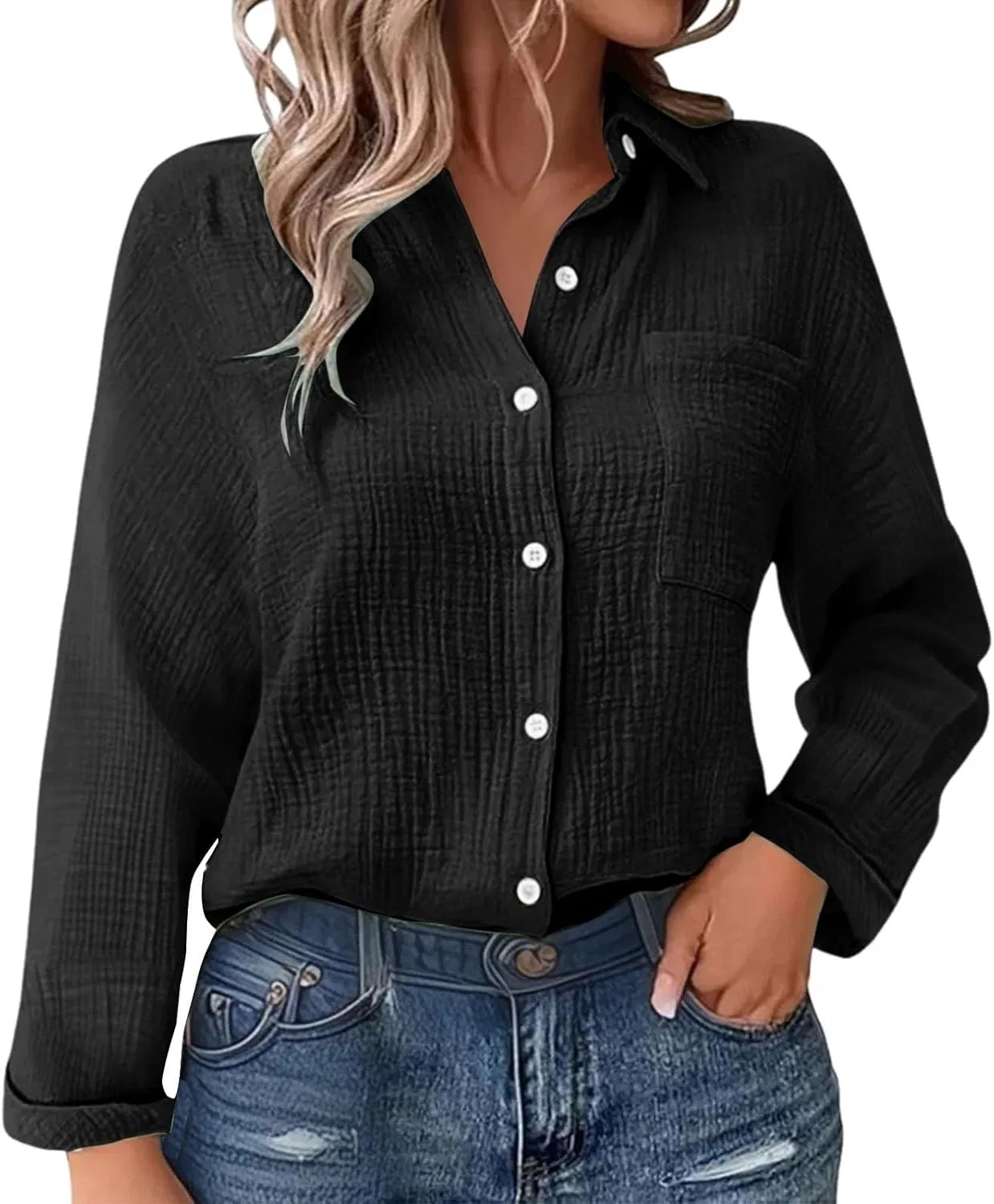 Блуза женская, из льна, плиссированная, с поясом, свободная, Casual, длинный рукав, черный