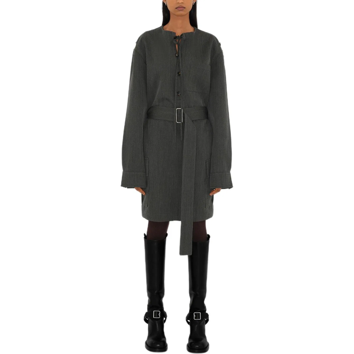 Платье Burberry с длинным рукавом, шерстяное, рифленое, серо-черное — фото 4