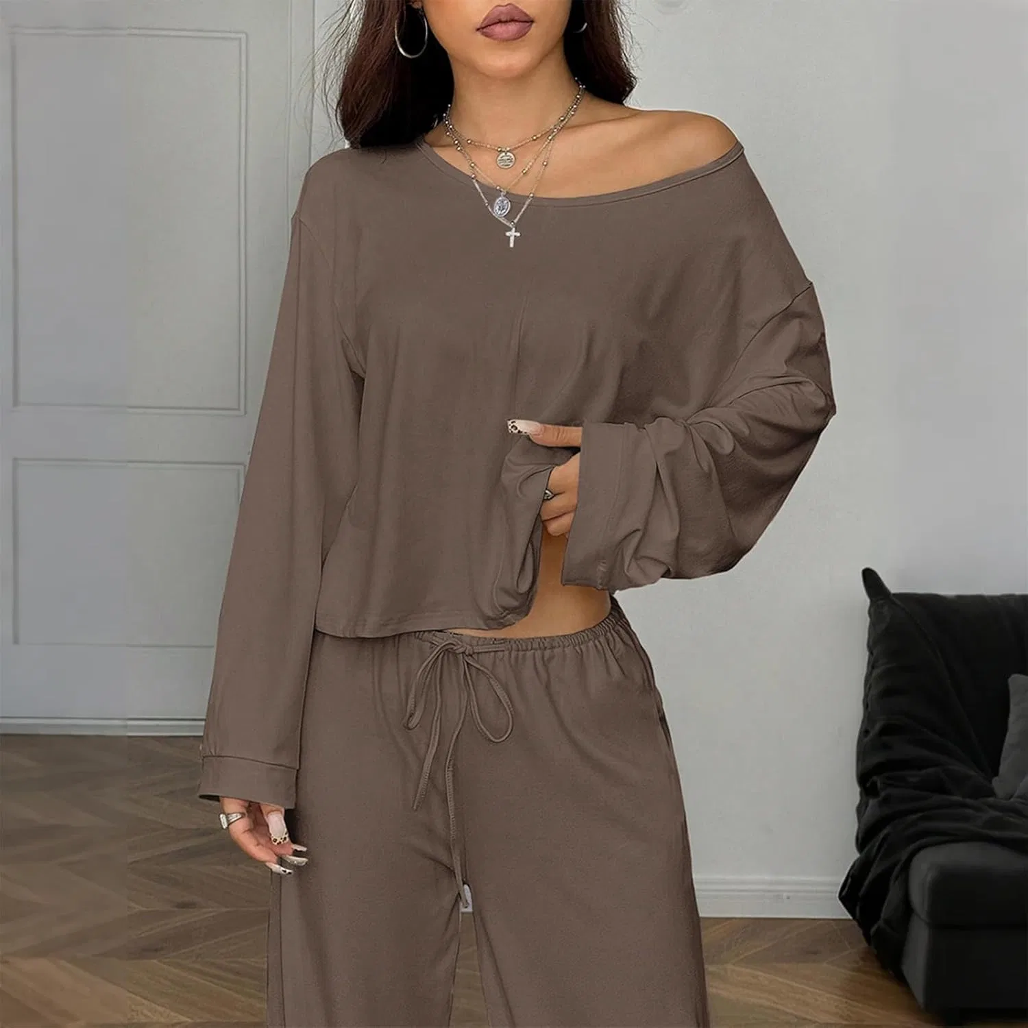 Комплект из свитера и широких брюк, Oversized, Camel — фото 4