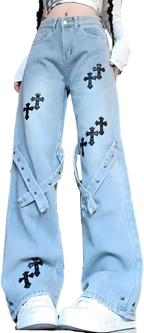 

Женские джинсы Y2K Grunge Kawaii Gothic с прямыми штанинами и декоративными ремнями RILGOU