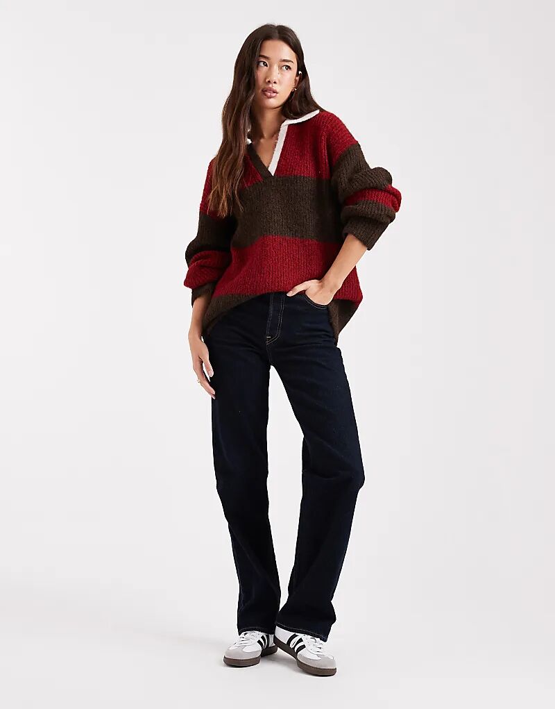 

4th & Reckless шерстяной трикотажный регбийный свитер свободного кроя в полоску вишневого и шоколадного цветов