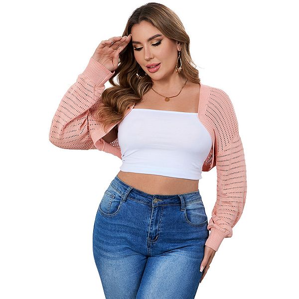 

Женский кардиган плюс сайз с открытой передней частью укороченный осенняя мода ажурный свитер Kojooin, Leather Red