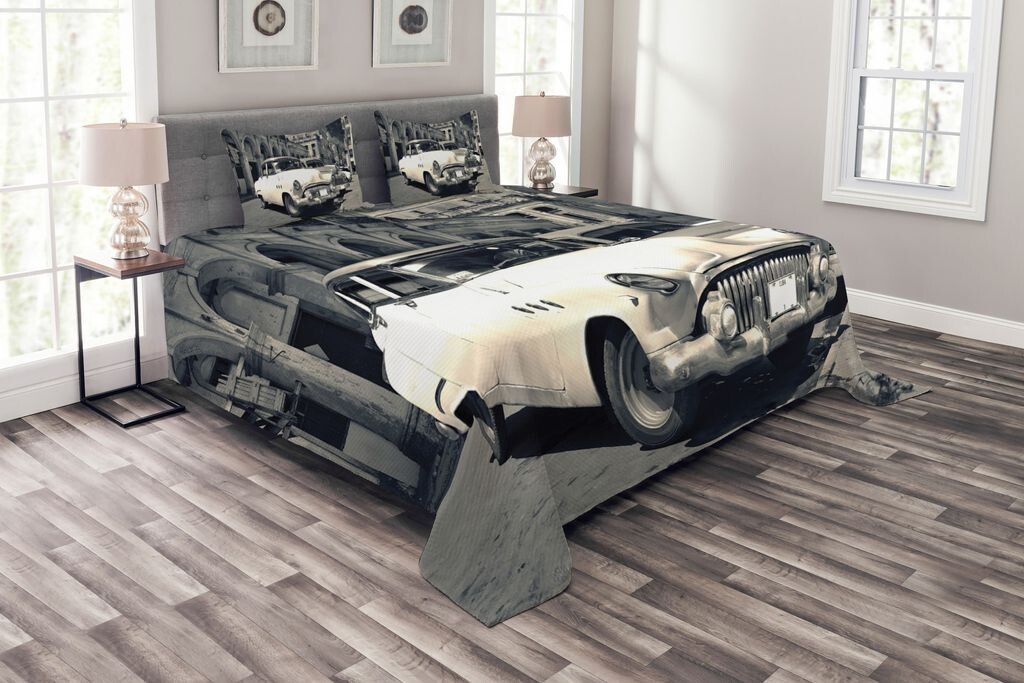 

Комплект покрывала ABAKUHAUS Landscape, American Cars Havana, комплект с моющимися наволочками, для односпальных кроватей 220 x 220 см, бежево-серый