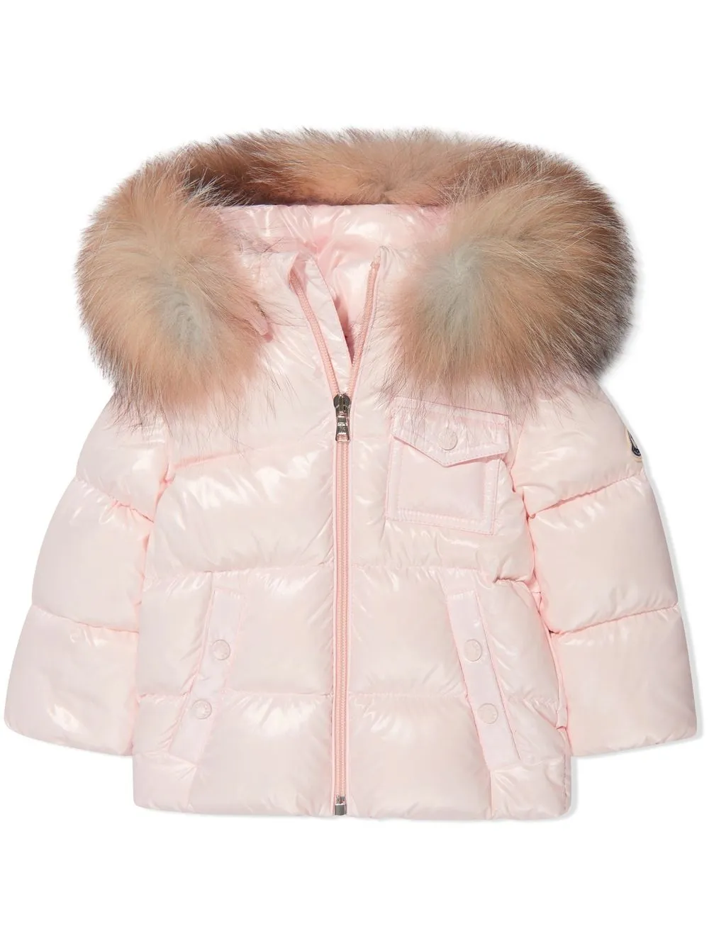 

Пуховик с капюшоном и меховой отделкой Moncler Enfant, розовый
