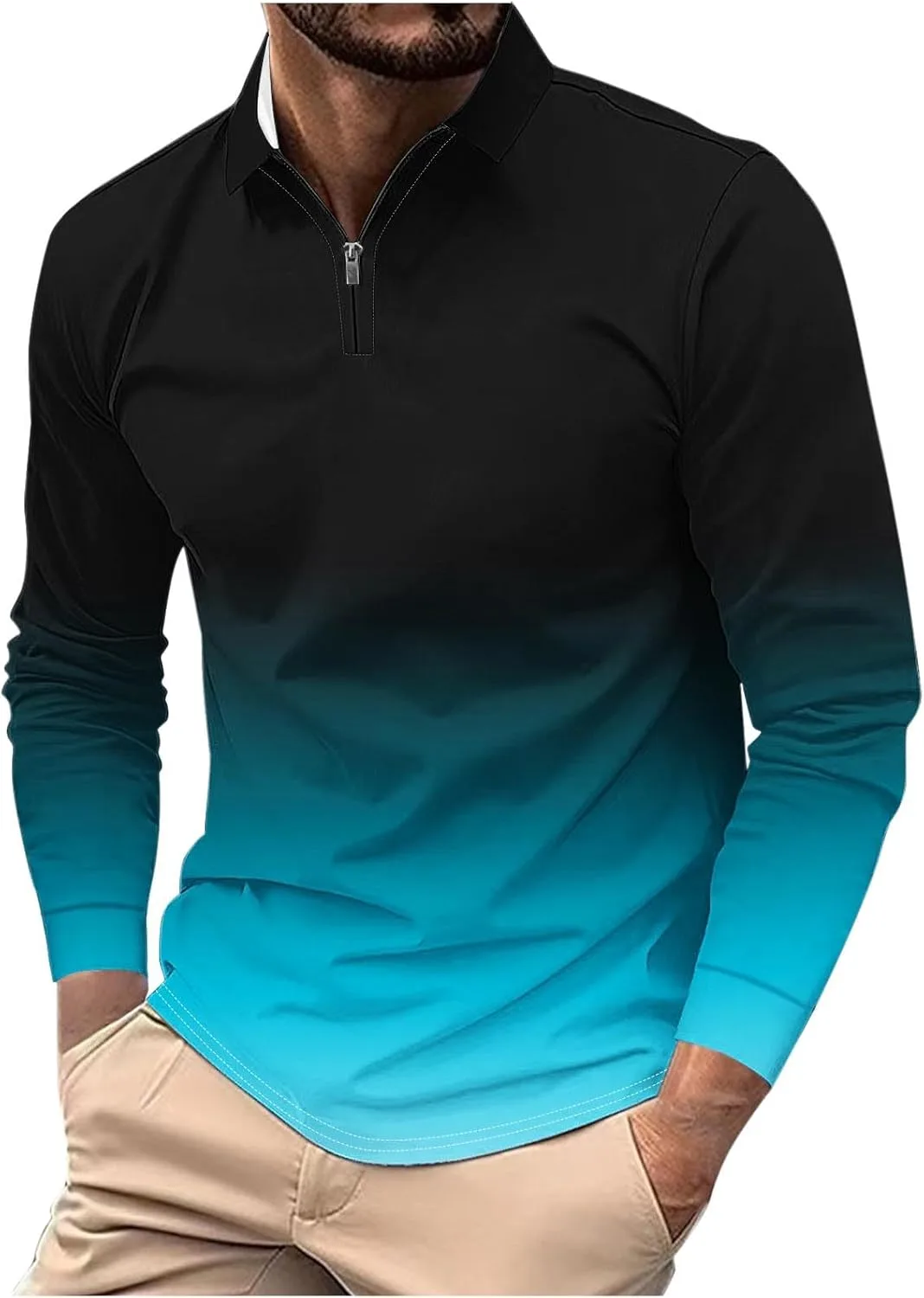 

Футболка Muscularfit для мужчин, большие размеры, длинный рукав, градиентный цвет, поло с молнией