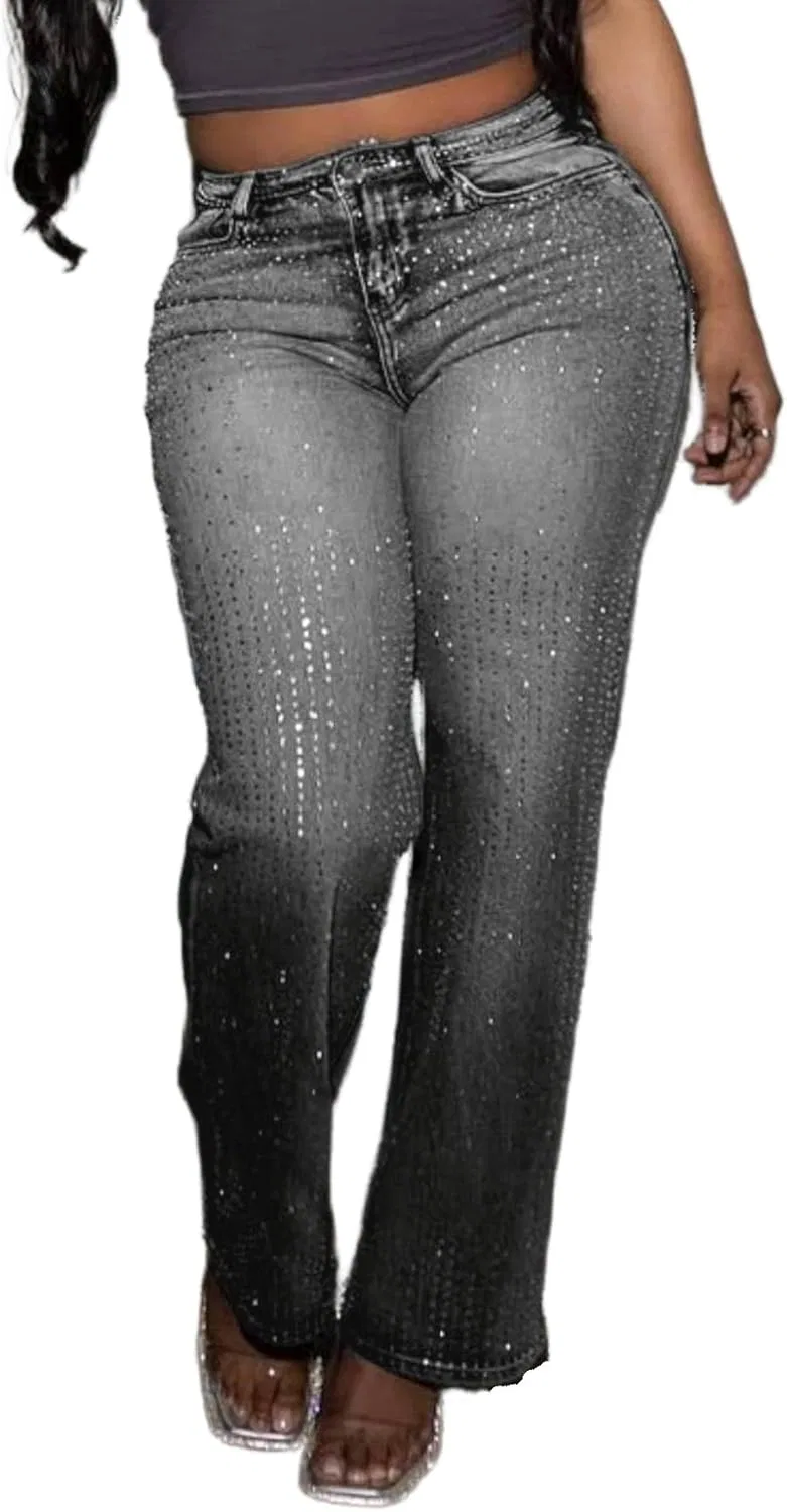 Джинсы со стразами, Wide Leg, Dark Grey