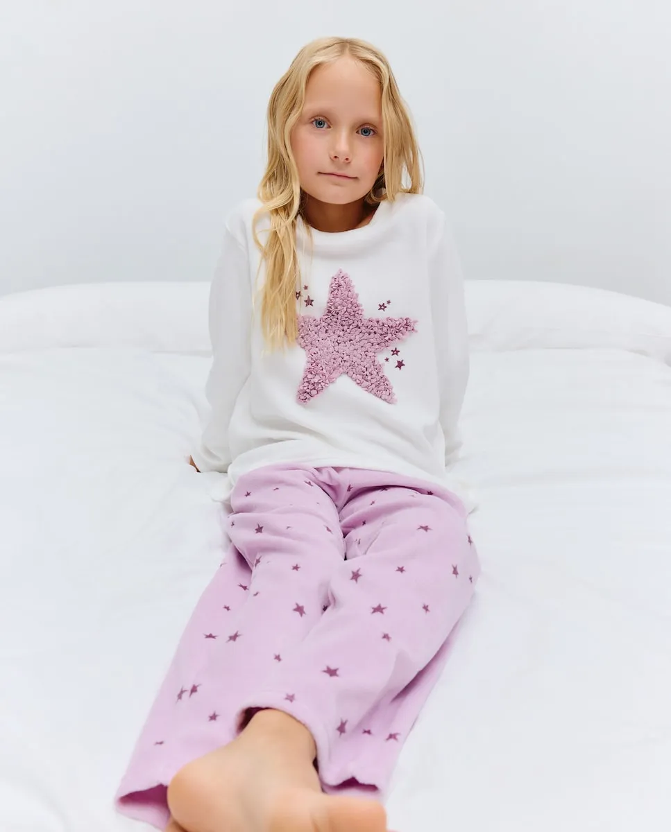 

Полный длинный пижамный костюм из велюра с фантазийным принтом для девочки Cotton Juice, белый