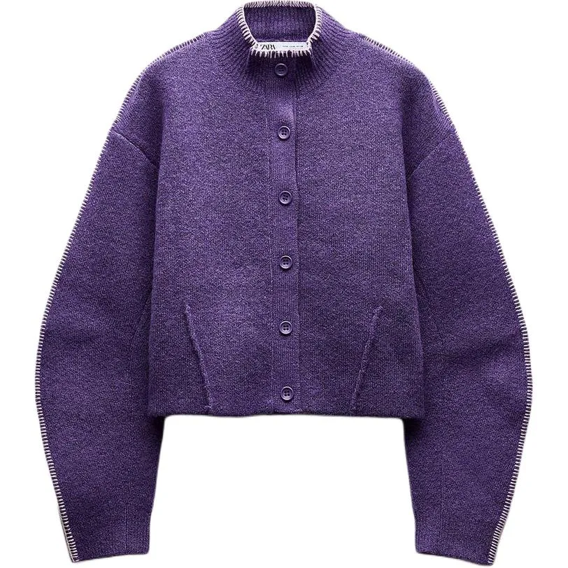 ZARA Кардиган женский вязаный умеренный водолазка фиолетовый — фото 3