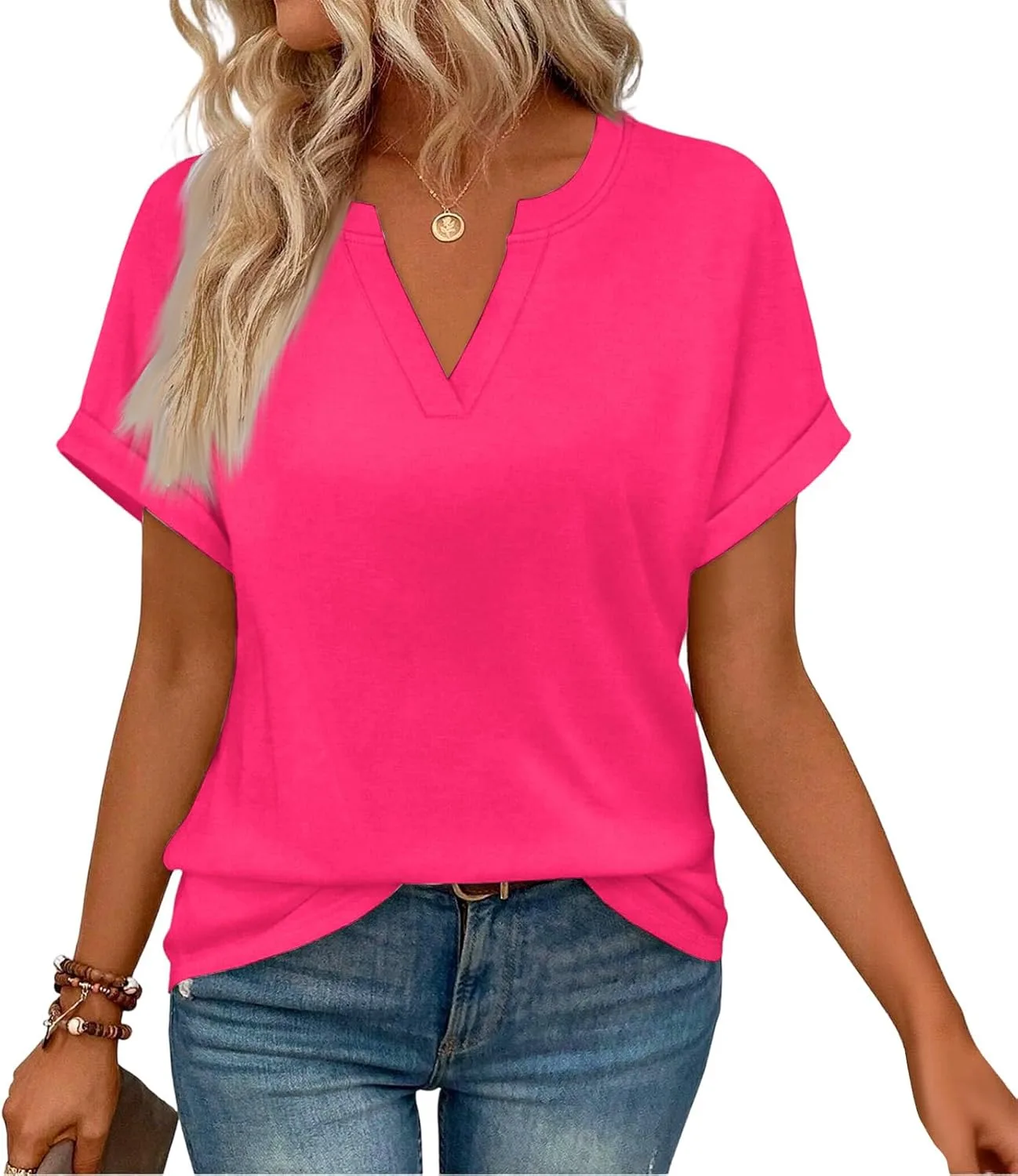 

Женская блузка 2026 лето короткий рукав V-образный вырез