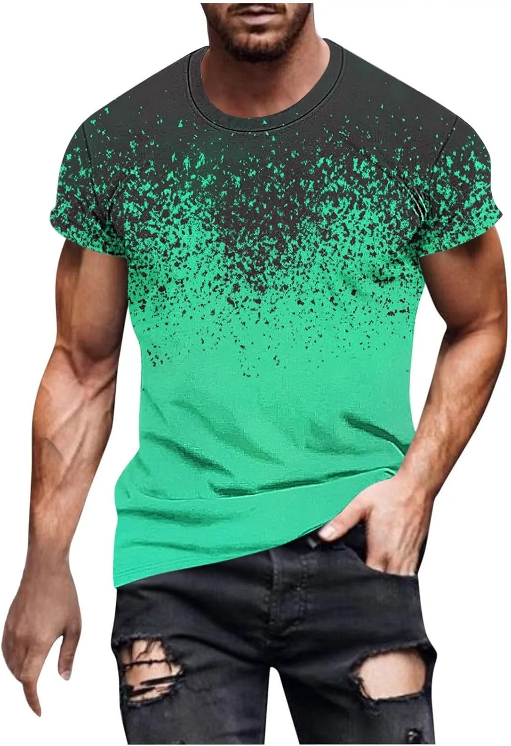 

Мужская футболка Casual с градиентом Retro короткий рукав Slim Crew Neck Streetwear Tee Ombre Print