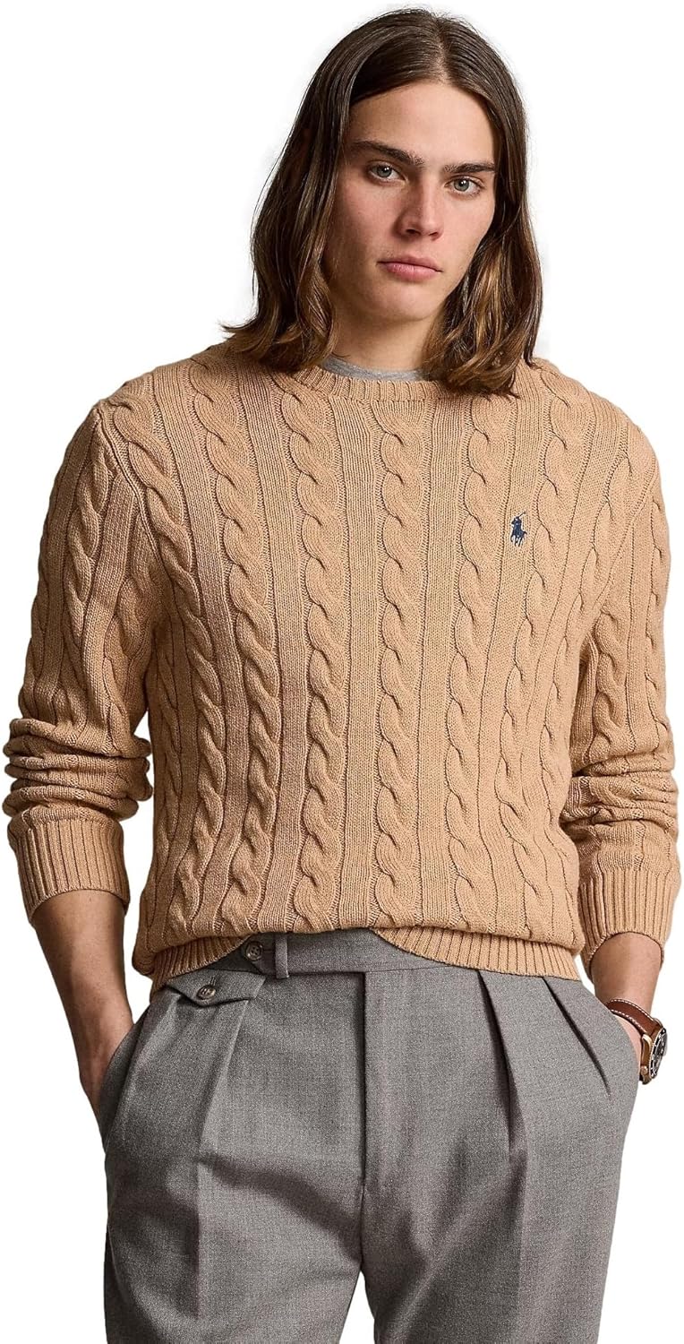 Polo Ralph Lauren мужской свитер из хлопка с косой вязкой, Ralph Lauren Camel Heather — фото 2