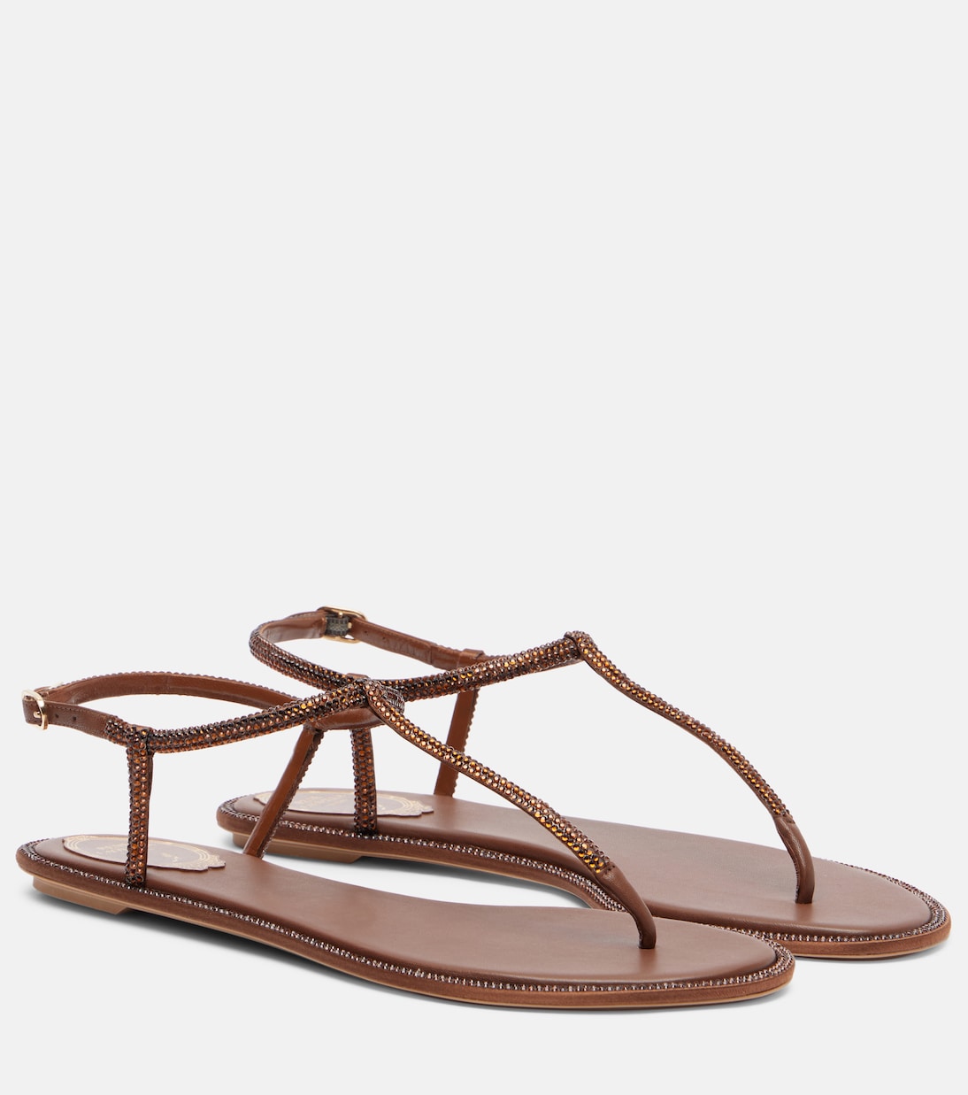 Дизайнерские атласные сандалии-танга Diana с украшениями Rene Caovilla, Brown Satin/Smoked Topaz Str
