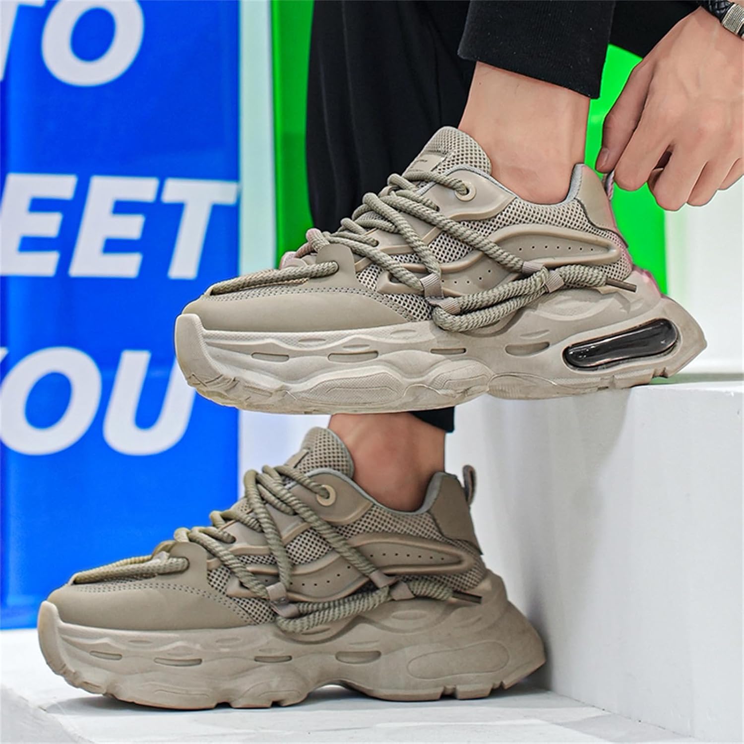 Мужские кроссовки TengfeiFly Platform Dad Sneaker из сетчатой и кожаной поверхности, на шнуровке, повседневные, с массивным каблуком, круглым носком, с воздушной подушкой, легкие, мягкие и дышащие, для прогулок, бега и улицы, серый — фото 3
