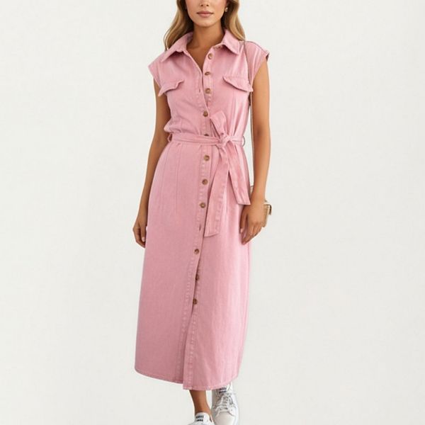 

Женское джинсовое платье макси на пуговицах с регулируемым поясом и воротником Anna-Kaci, Pink