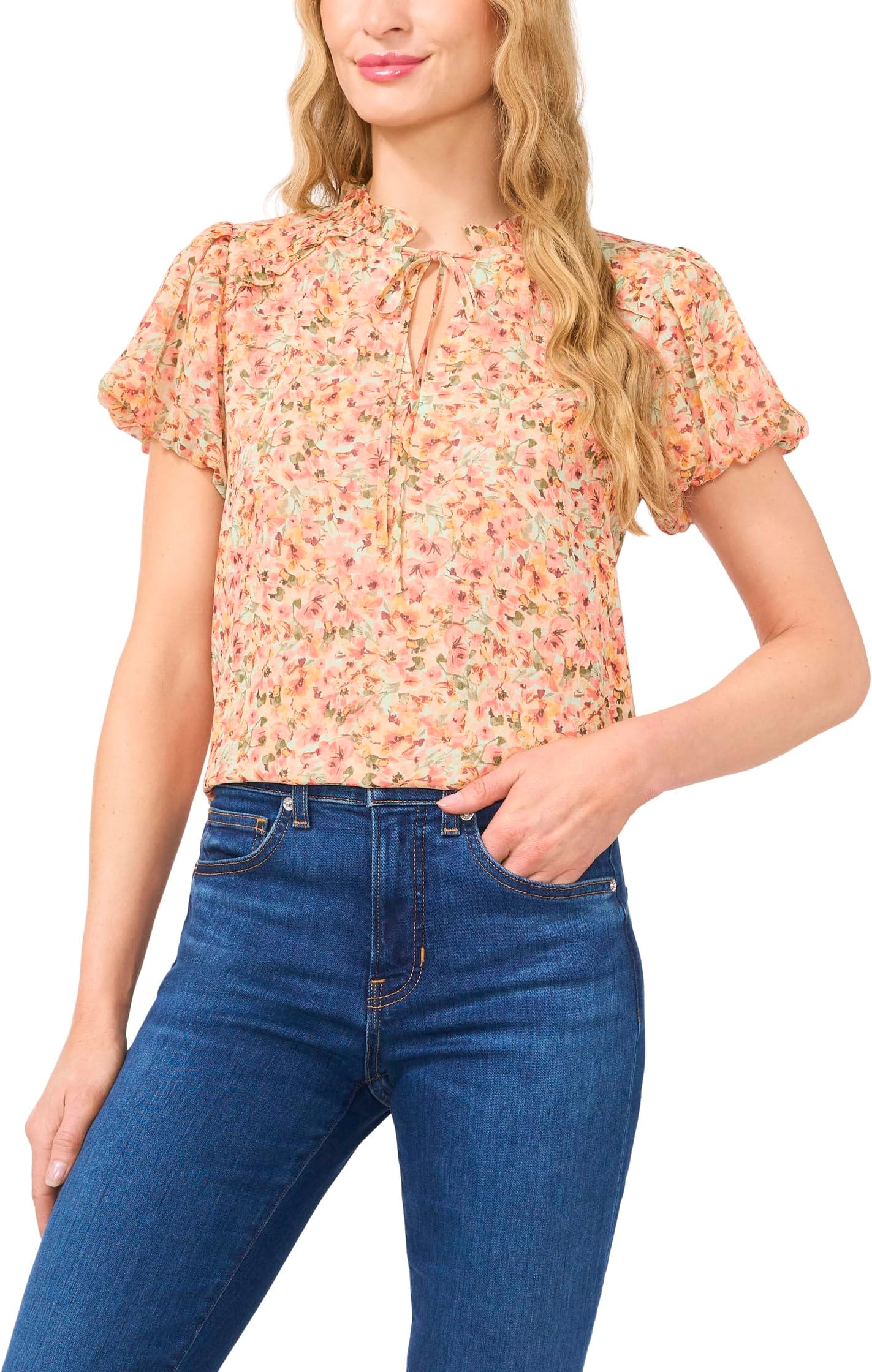 

Блуза CeCe Bubble Sleeve Split Neck Blouse With Tie, цвет Mint Lime