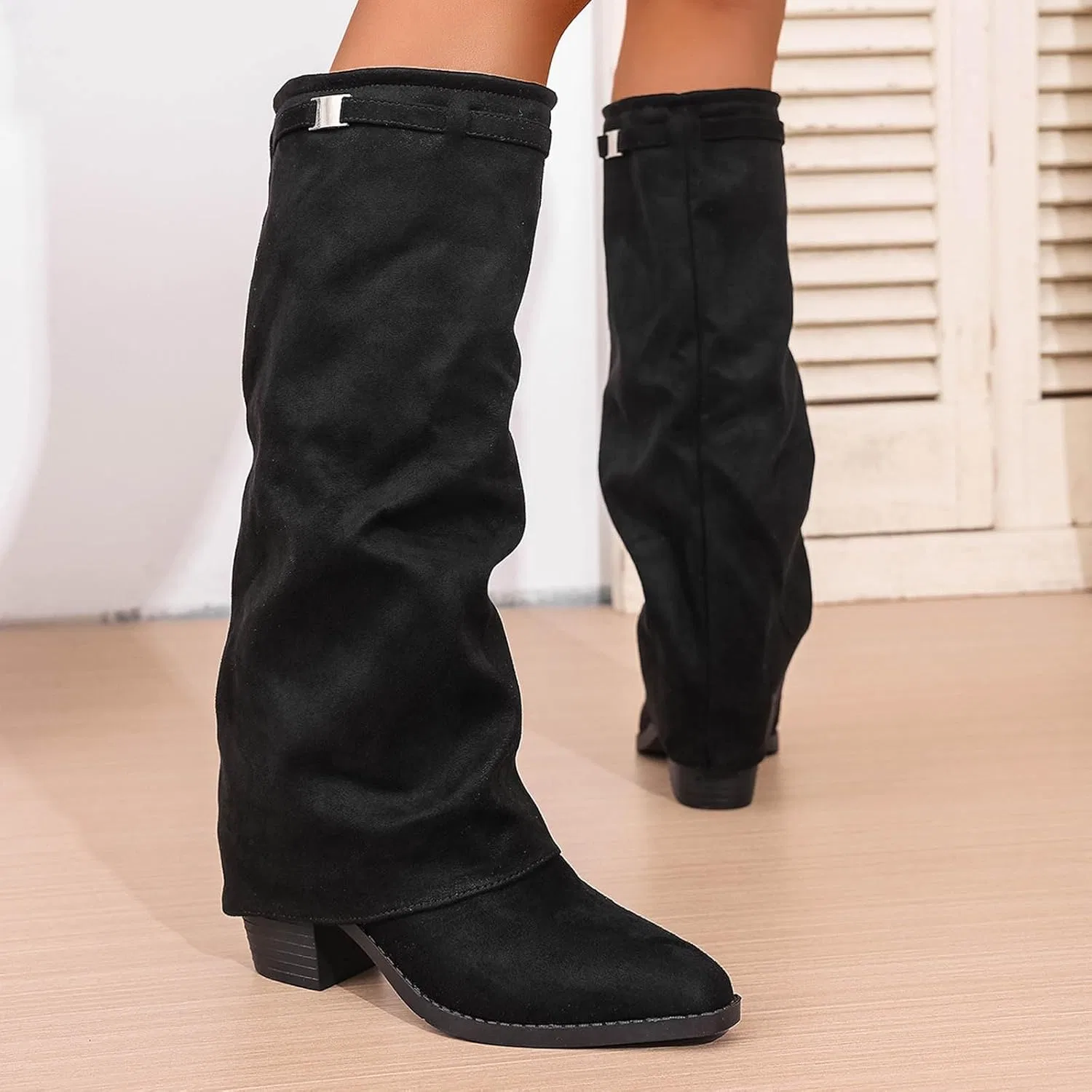 SKFLABOOF Выше колена Stiefel Damen - Stiefeletten Schuhe Western Cowboy Boots Mit Absatz Зимние ботинки на высоком каблуке Herbstschuhe Elegant Langschaftstiefel mit Schnalle Черный, Белый, Коричневый, 37,38,39,40,41,42 — фото 2