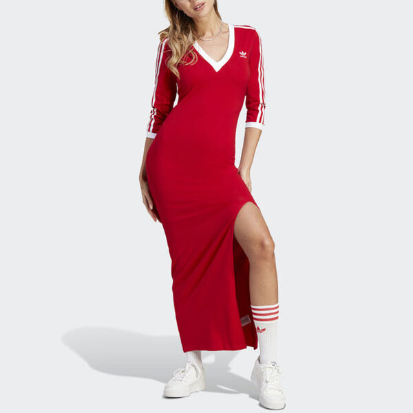 Платье оригиналы adicolor классика 3 полоски макси платье азиатские размеры Adidas, алый — фото 2