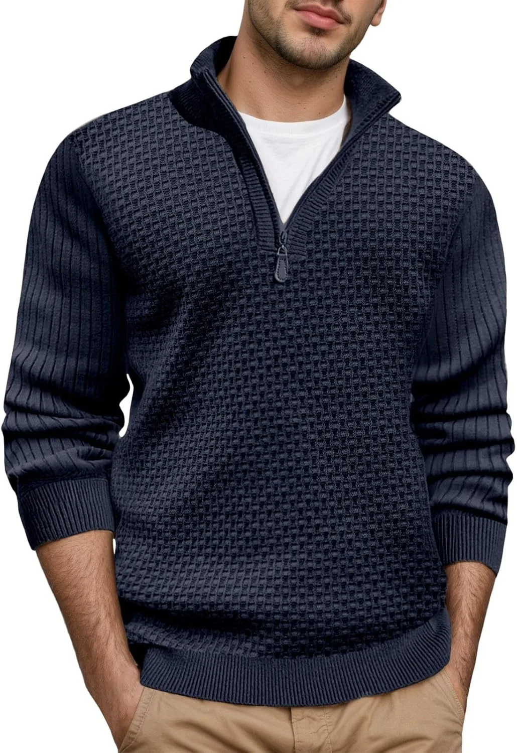 

Мужской свитер с четвертью молнии, кабельной вязкой и воротником стойкой, однотонный, приталенный, с длинными рукавами