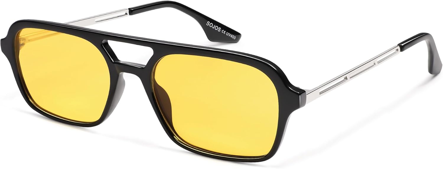 

Винтажные поляризованные солнцезащитные очки-авиаторы SOJOS для женщин и мужчин, ретро-стиль 70-х, плоские, узкие, прямоугольные, женские очки SJ2186, Black/Yellow Lens