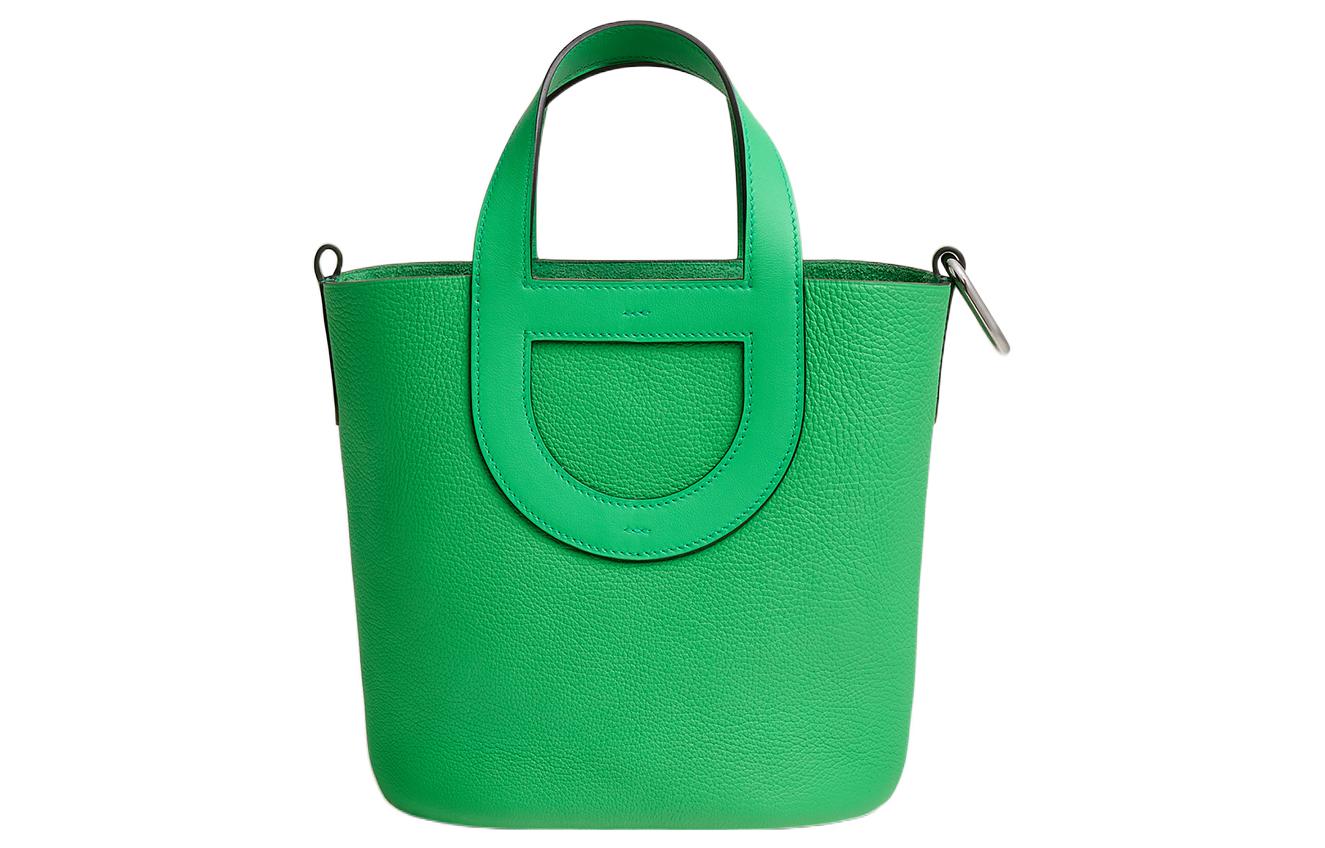 

Clemence Bullhide Сумка-корзина из мягкой телячьей кожи с пряжкой в виде пятачка, ведерко, женская, комиксовый зеленый HERMES