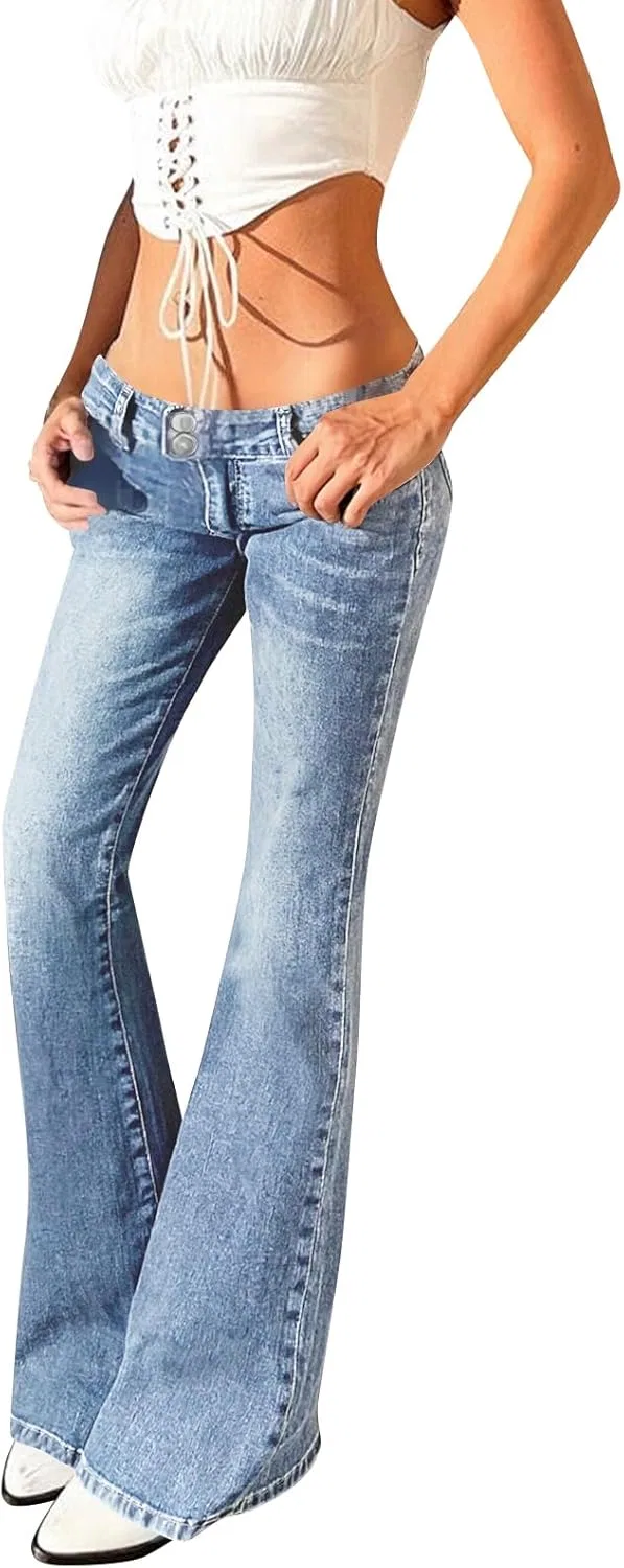 Джинсы Women Bell Bottom Stretch Soft Flare Jeans Retro Washed Denim Wide Leg Pants Leggings with Pocket, Light Blue — фото 2