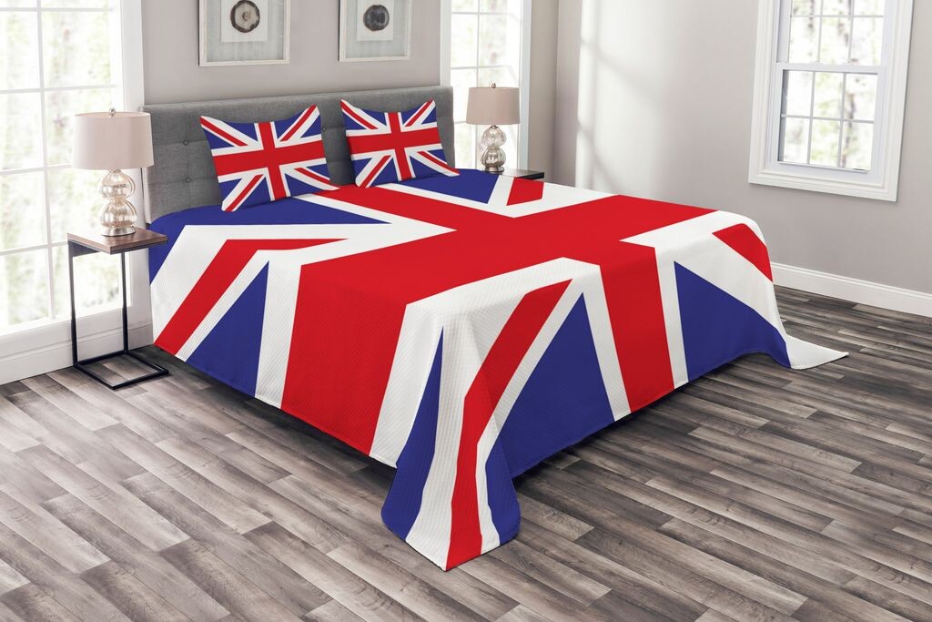 

ABAKUHAUS Комплект покрывала Union Jack, British Loyal, комплект с моющимися наволочками, для односпальных кроватей 220 x 220 см, королевский синий белый