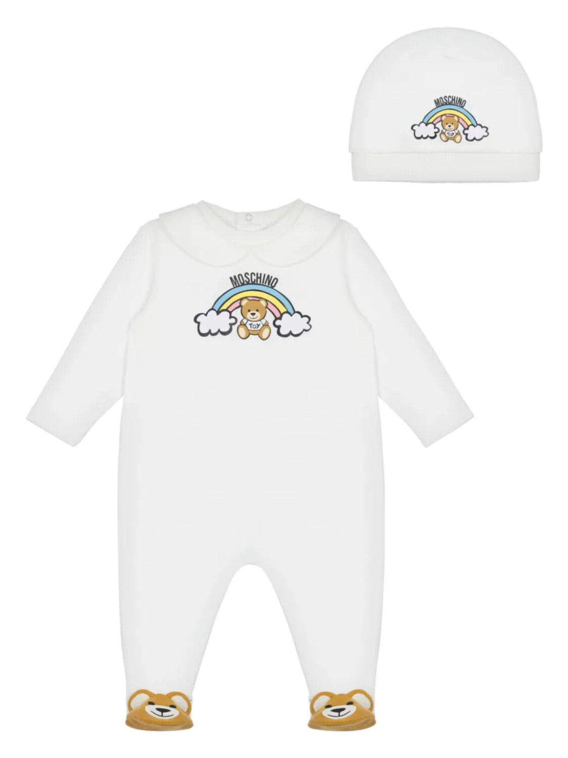 

Moschino Kids комплект из комбинезона, шапки и нагрудника с принтом, белый