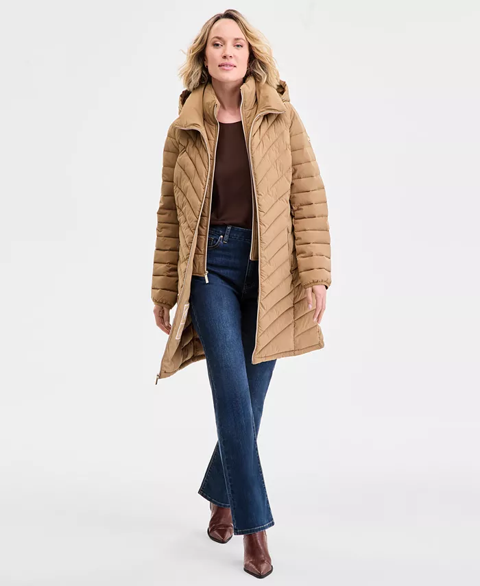 

Пальто-пуховик с капюшоном и нагрудником Petite Michael Kors, коричневый/бежевый