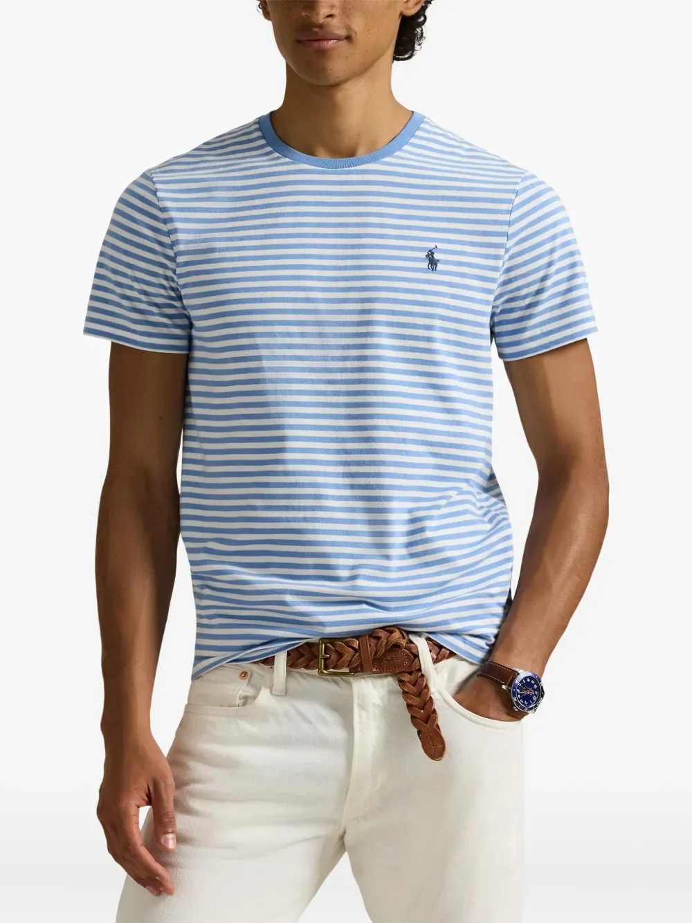 Полосатая футболка с вышитым логотипом POLO RALPH LAUREN, синий — фото 3