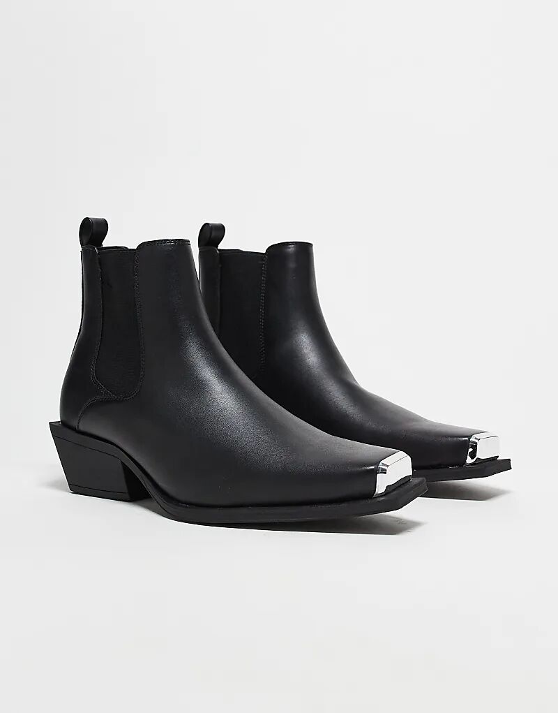 Ботинки челси ASOS DESIGN в стиле вестерн на кубинском каблуке из черной искусственной кожи с серебристым носком — фото 2
