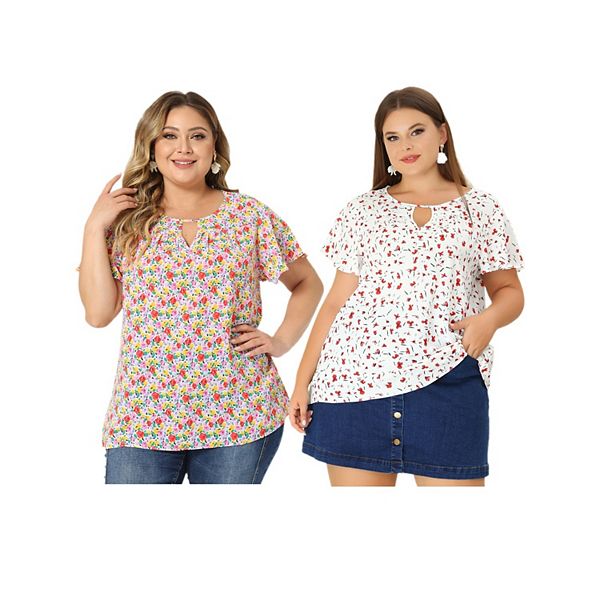 

2 шт блузки женские plus size летние с рюшами короткий рукав шифон топ с вырезом Agnes Orinda, White Red Red Pink