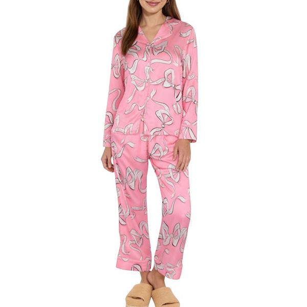 

Женский комплект пижамы с длинным рукавом, пуговицами спереди, ленточным принтом и мягкой шелковистой тканью Anna-Kaci