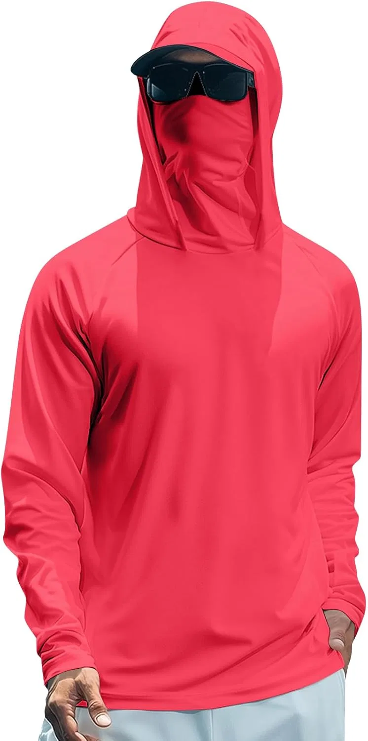 Футболка с капюшоном и маской для лица UPF 50+ для рыбалки, B09 Red