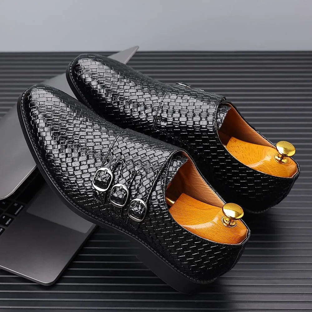 Мужские формальные повседневные лоферы с пряжкой Monk Strap, оксфорды с текстурной сеткой, легкие, из искусственной кожи, для бизнеса и свадеб Spedify, черный — фото 4