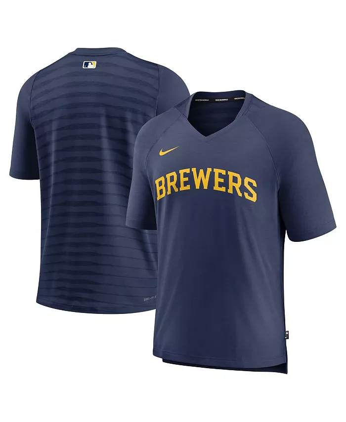 

Мужская футболка Milwaukee Brewers Authentic Collection Pregame Raglan Performance с V-образным вырезом, темно-синяя Nike