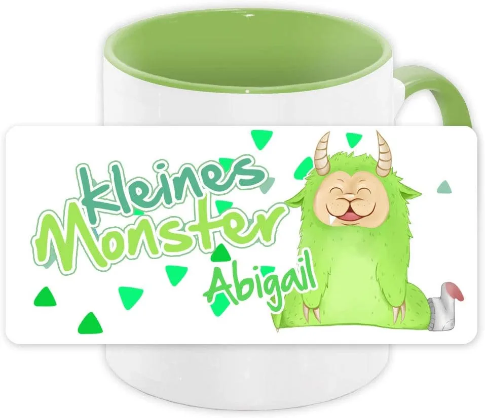 Керамическая кружка с именем Abigail и мотивом "Маленькое чудовище" для девочек, зеленая Eurofoto
