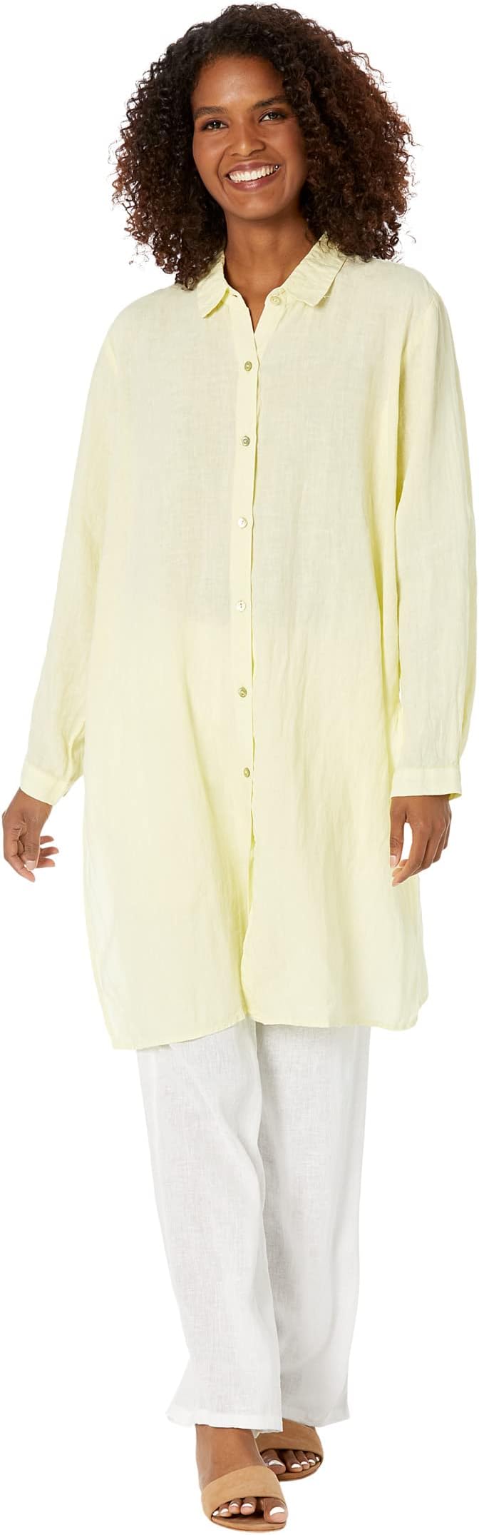 

Рубашка Eileen Fisher Classic Collar Knee Length Shirt with High Slits in Garment Dyed Organic, цвет Citrus