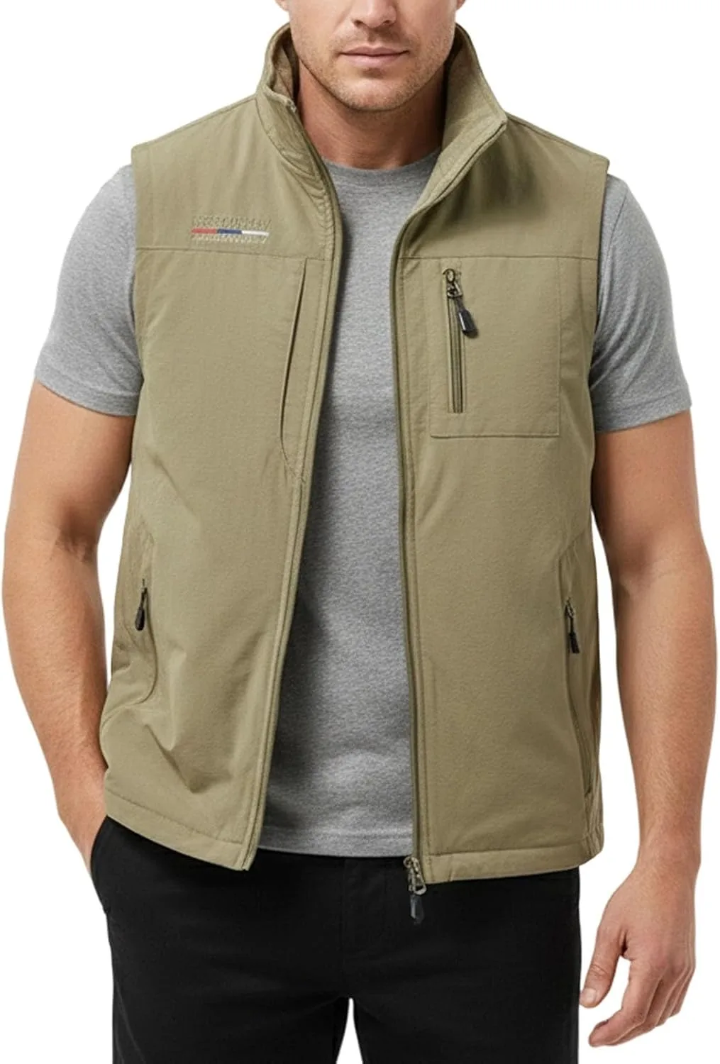 Мужская флисовая жилетка Reversible Zip Up с карманами, свободный воротник-стойка, однотонная куртка для путешествий и спорта Generic, хаки