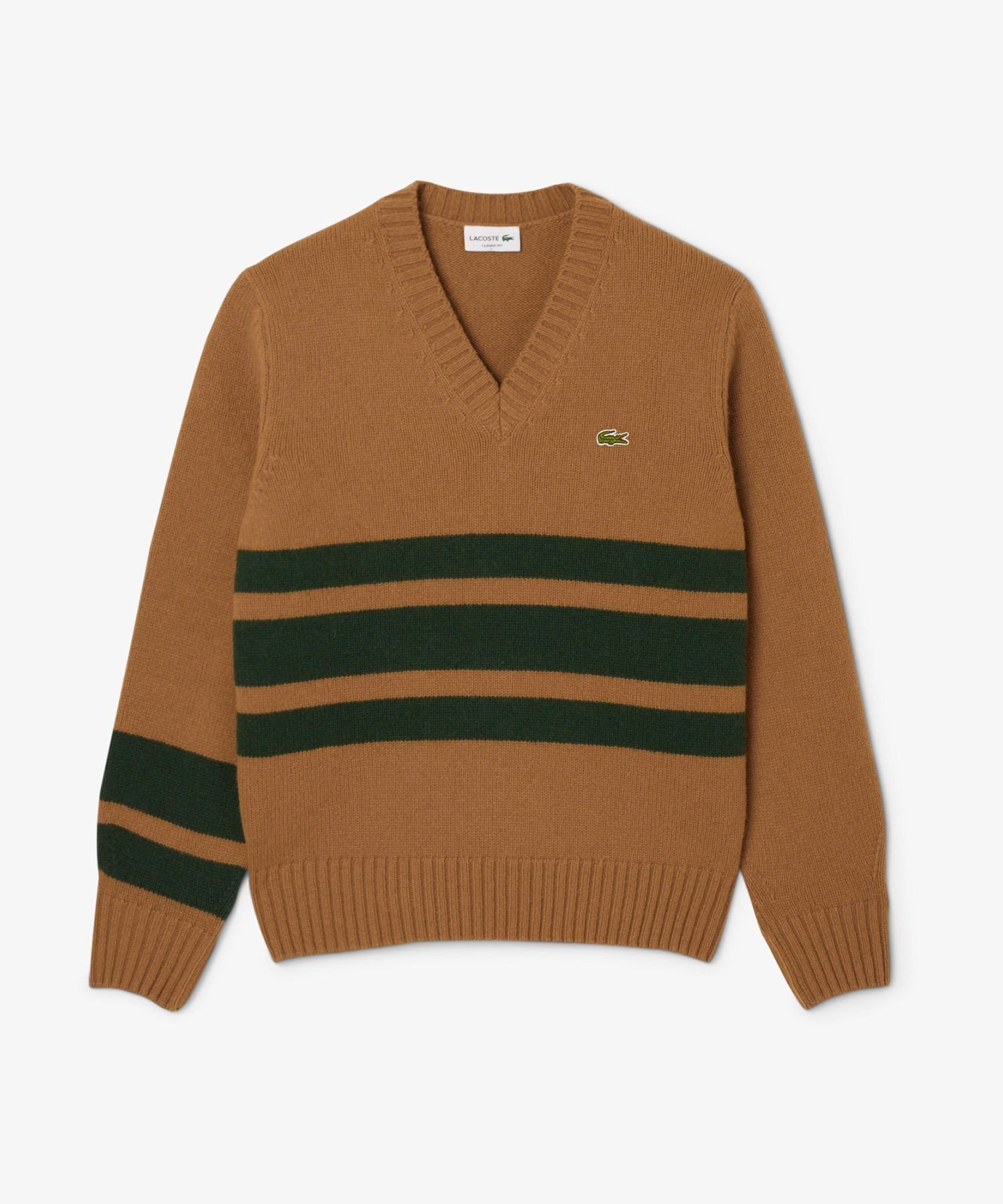 Асимметричный полосатый шерстяной вязаный свитер с V-образным вырезом LACOSTE, Brown — фото 3