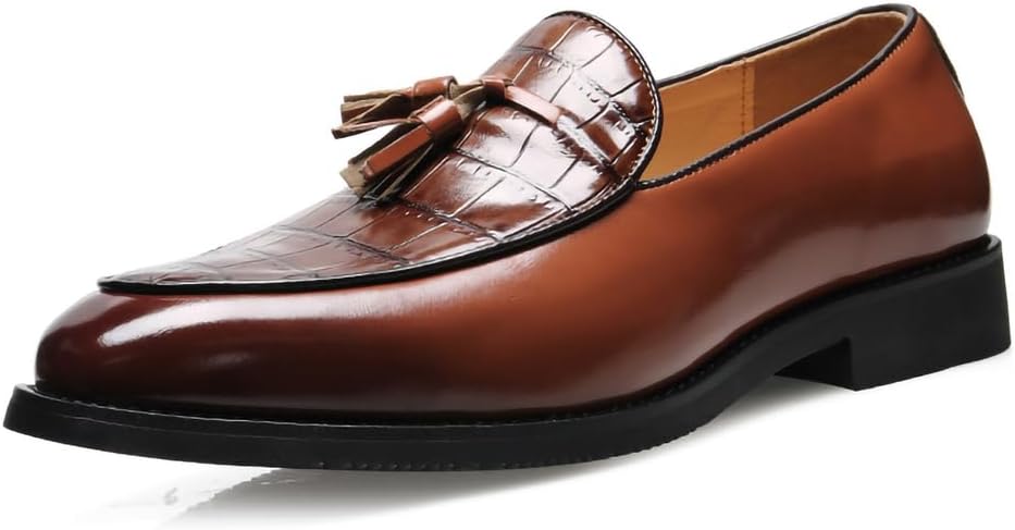 

Мужские лоферы из искусственной кожи с кисточками - с тиснением под крокодила, на плоской подошве, для деловой, повседневной носки и вождения Generic, коричневый