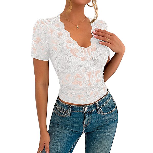 

Женская блузка с кружевом и v-образным вырезом Clearflower, White